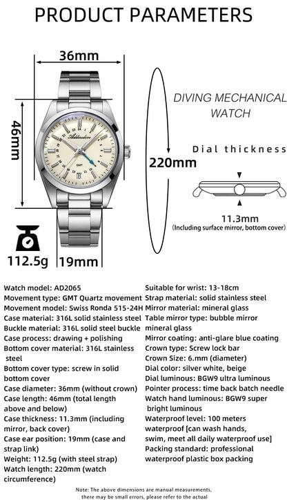 Herren-GMT-Quarzuhr mit Ronda-Werk und Bubble-Glas