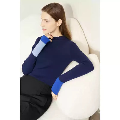 Damen-Rollkragenpullover Wolle Slim Patchwork Büro Winter