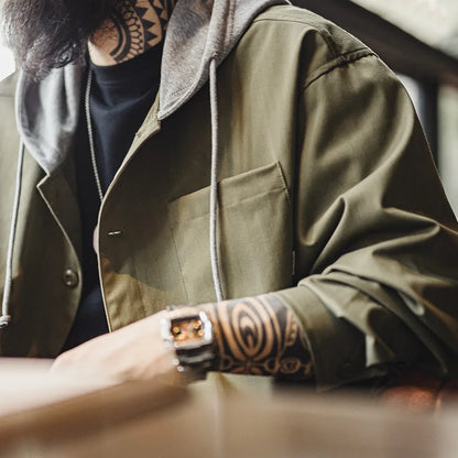Herren Kapuzenjacke Vintage Patchwork Lässige Oberbekleidung Herbst Chore-Mantel Tasche