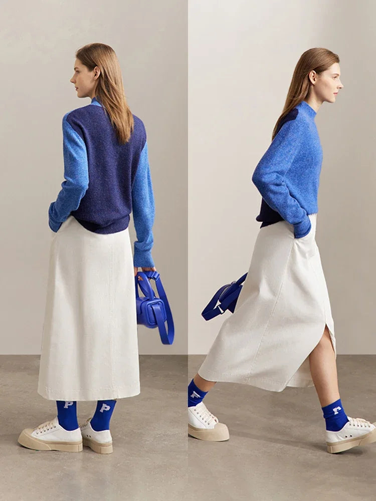 Damen-Pullover AMII mit halbem Rollkragen, blau, lange Ärmel, Vorder- und Rückansicht