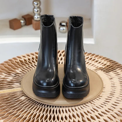 AIYUQI Damen-Stiefeletten aus schwarzem Leder, kurzer Schaft, Plateau-Blockabsatz