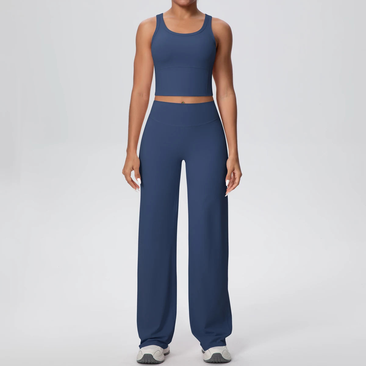 Schnelltrocknendes Yoga-Set mit cropped Tanktop und Schlaghose, dunkelblau