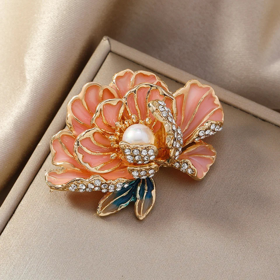 Brosche Blume Perle Emaille Kristall Tropföl Klassisch elegant Damen