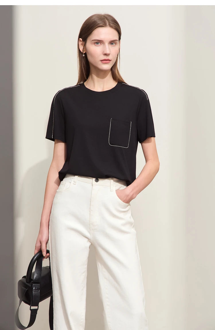 Damen Sommer-T-Shirts im minimalistischen Stil mit O-Ausschnitt und kurzen Ärmeln