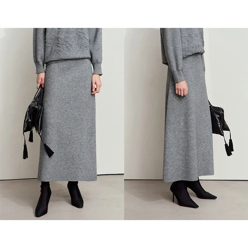 Grau melierter Strickrock, elastischer Bund, Ansicht von vorn und seitlich, Midi