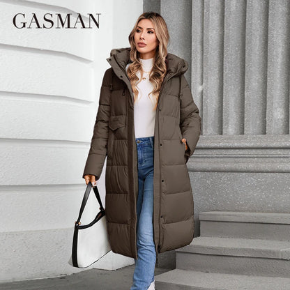 Lange Damen-Daunenjacke mit Reißverschluss, Stehkragen und Kapuze – klassisches, schlankes Design mit Taschen