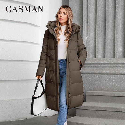 Lange Damen-Daunenjacke mit Reißverschluss, Stehkragen und Kapuze – klassisches, schlankes Design mit Taschen