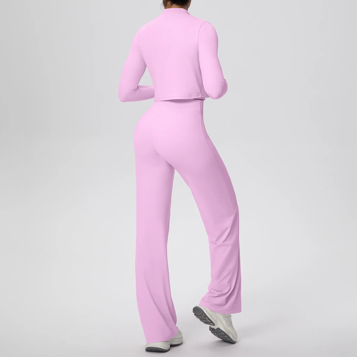 Rosa Yoga-Set für Damen: Crop-Jacke und weite Hose, Rückansicht
