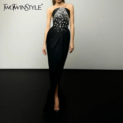Elegantes Midi-Kleid mit schulterfreiem Ausschnitt, langen Ärmeln und Pailletten-Patchwork – figurbetontes Design für Damen