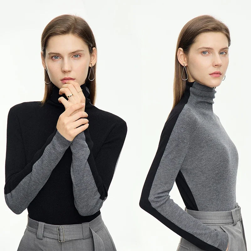 Damen-Rollkragenpullover Wolle-Mix Patchwork schlank Winter