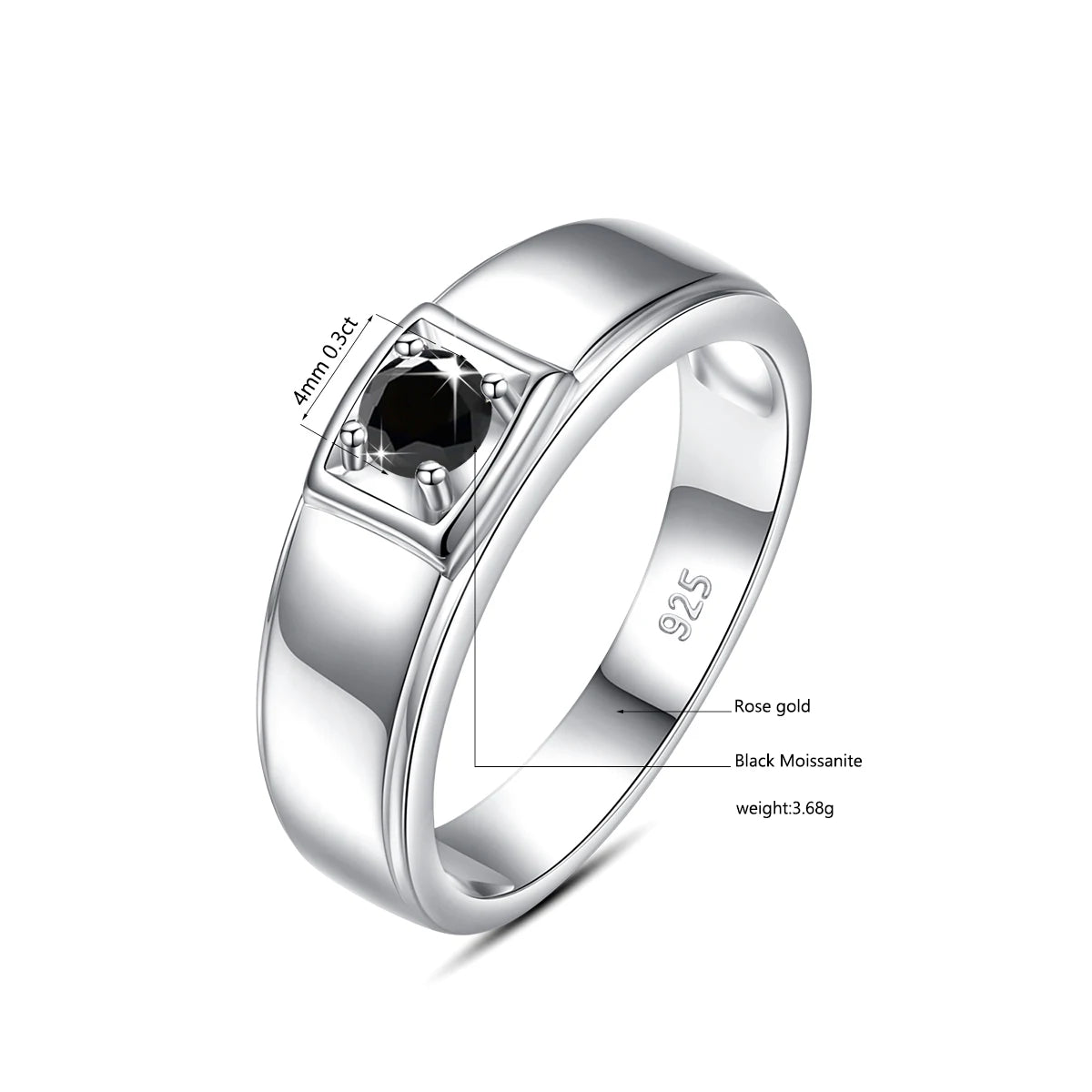 Herren-Ring Silber 925 Hochwertige Verarbeitung Gefasst und Langlebig mit Schwarzem Moissanit