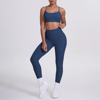 Damen Yoga-Sportset in Dunkelblau: Sport-Bustier mit Trägern und Leggings