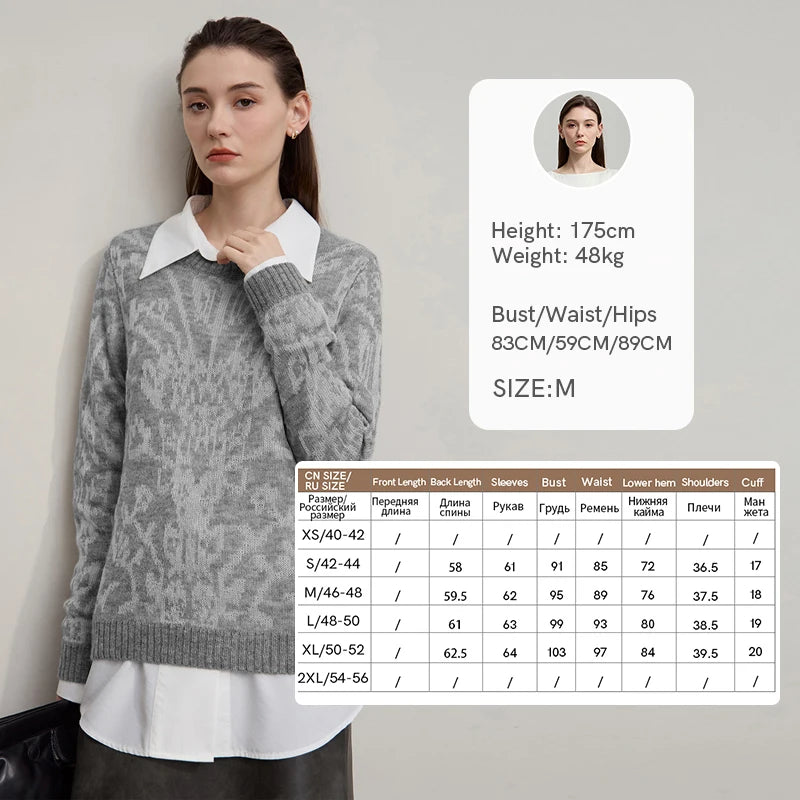 Damenpullover in Grau mit langem Ärmel und Jacquard-Muster über weißem Hemdkragen