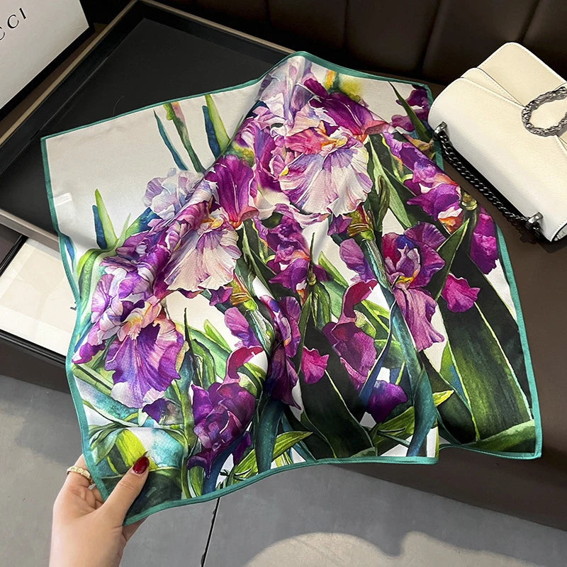 Damen Seidenschal 53cm quadratisch Blumenprint Luxus Halstuch Hijab Bandana B
