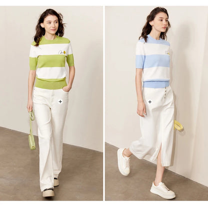 Damen Sommer-T-Shirt im Minimalismus-Stil mit gestreiftem Lächeln-Gesicht