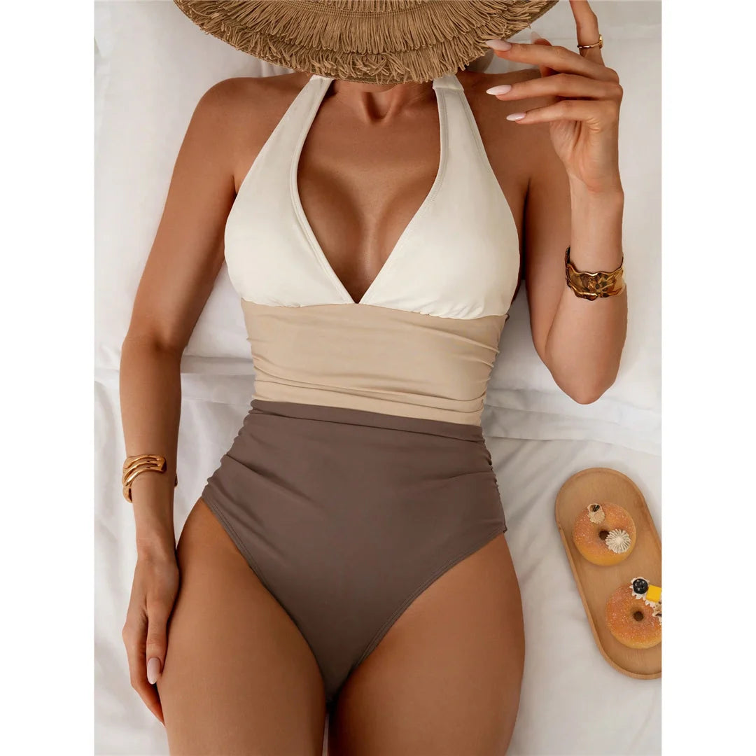 Damen Badeanzug Spleiß V-Ausschnitt rückenfrei Neckholder Monokini gepolstert