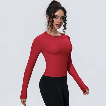 Rotes Langarm-Yoga-Shirt, Rundhalsausschnitt, figurbetont, glatter Stoff