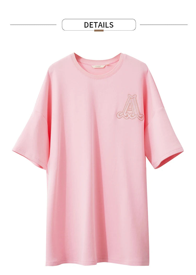 Damen Rundhals-T-Shirt im minimalistischen Stil mit lässiger Stickerei und kurzen Ärmeln