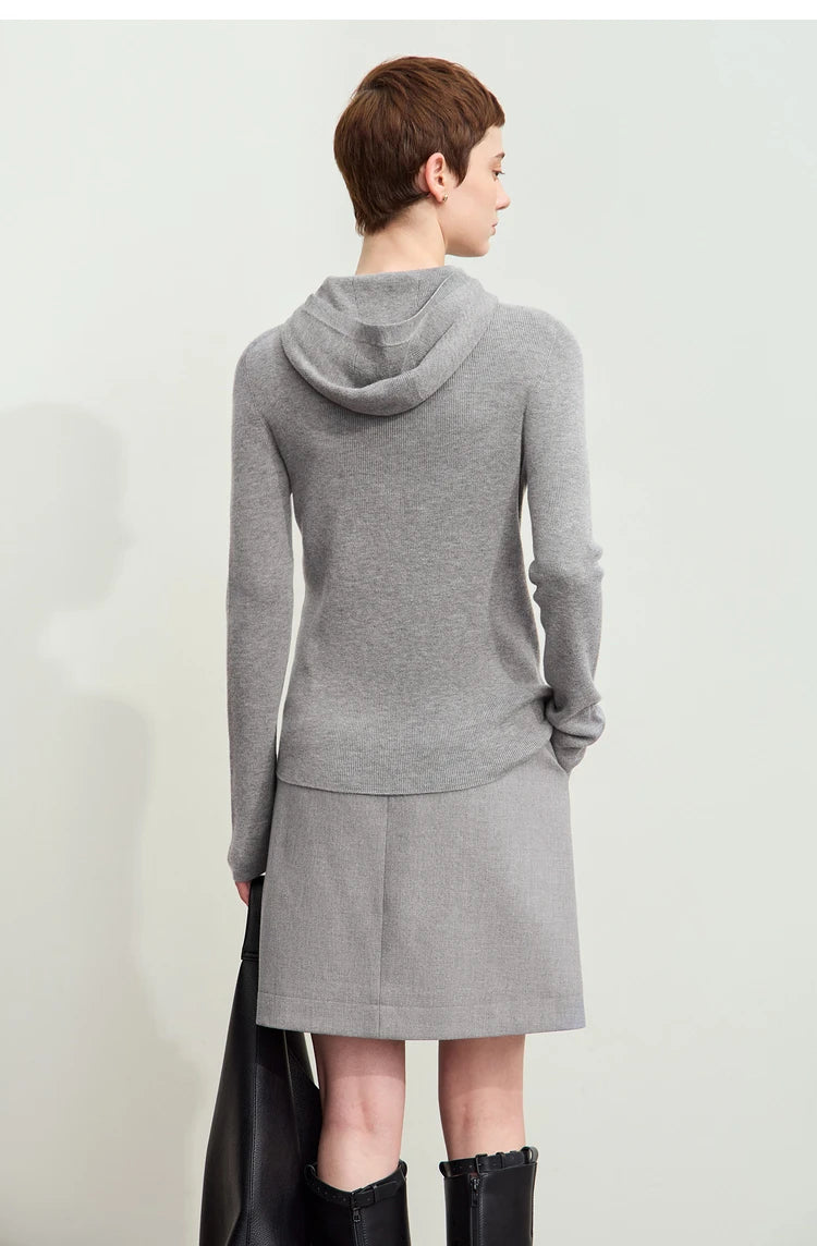 Damen-Kapuzenpullover Wolle-Polyester nahtlos gerade einfarbig Herbst