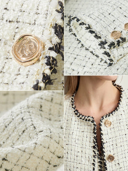 Damen eleganter Tweed-Wollmantel mit Schulterpolstern und lockerer Passform