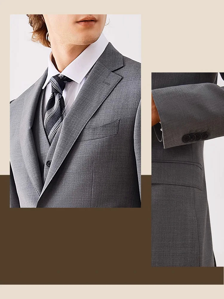 Herrenanzug-Set aus Wolle in Tiefblau – Einreihiger Blazer mit Weste und Hose für formelle Anlässe und Alltag im Slim-Fit-Stil