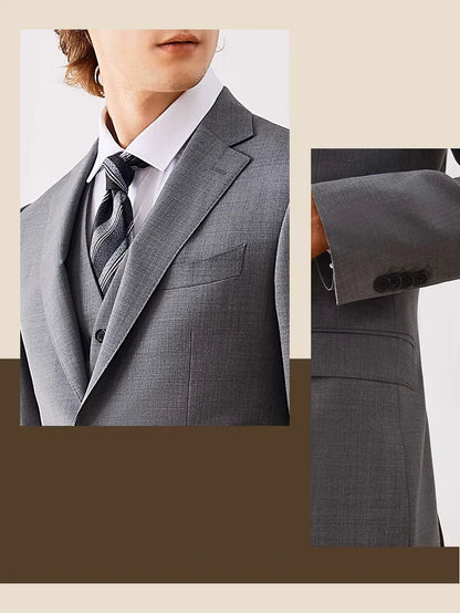 Herrenanzug-Set aus Wolle in Tiefblau – Einreihiger Blazer mit Weste und Hose für formelle Anlässe und Alltag im Slim-Fit-Stil