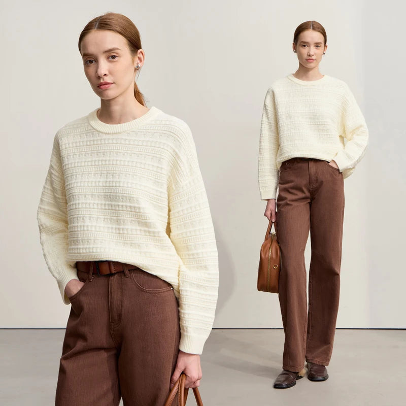Damen-Pullover aus Strick, offwhite, mit Rundhalsausschnitt und langen Ärmeln
