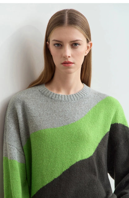 Damenpullover mit Rundhalsausschnitt, meliertes Grau mit grünem und dunklem Colorblock, langarmig