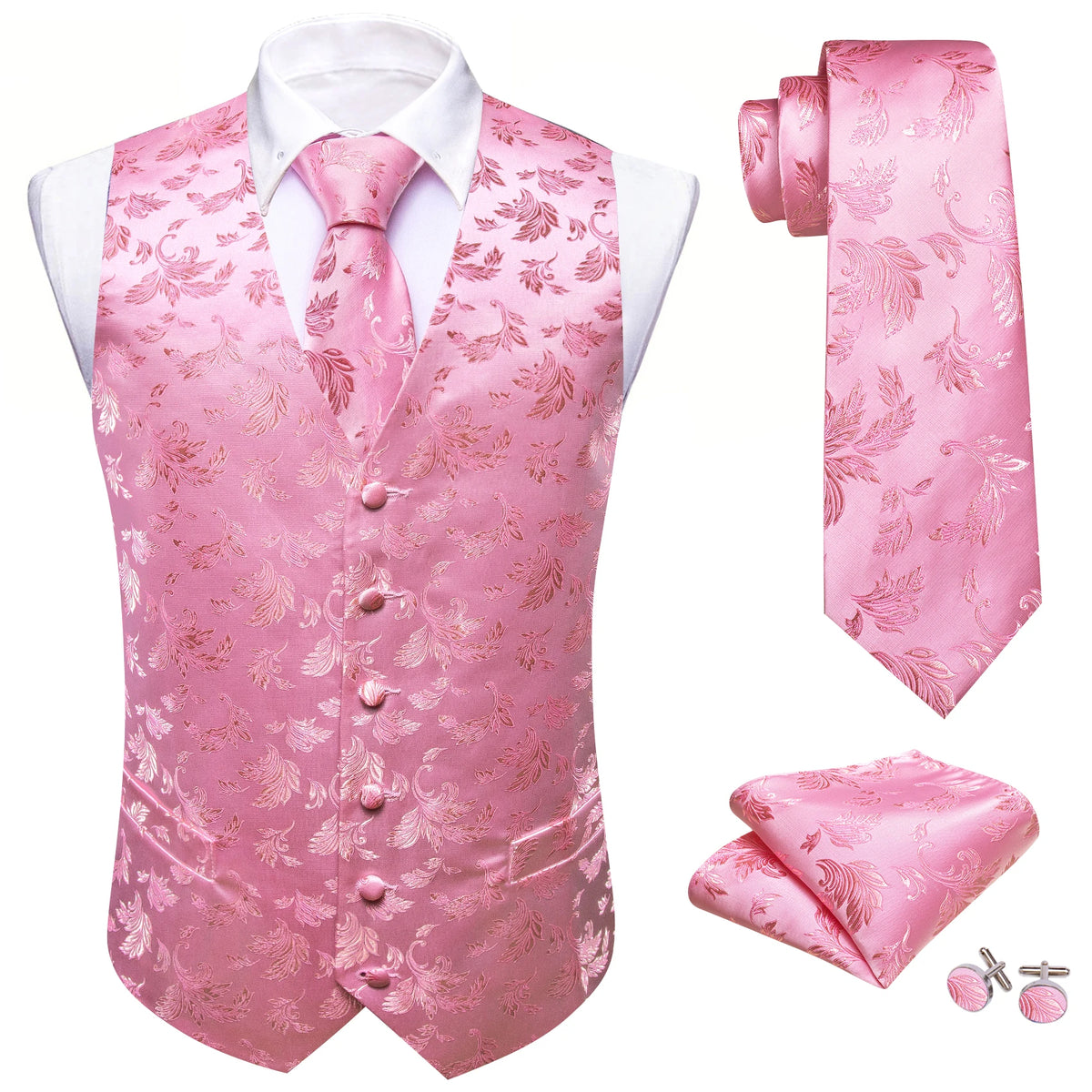 Rosa Satin-Herrenweste mit floraler Stickerei, Knopfleiste und dazu passende Krawatte im Set