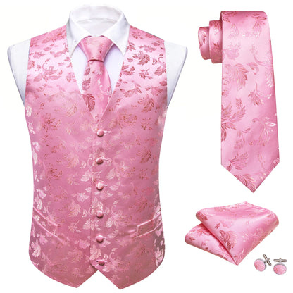Rosa Satin-Herrenweste mit floraler Stickerei, Knopfleiste und dazu passende Krawatte im Set