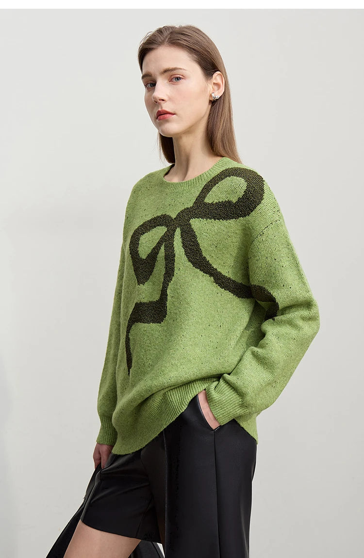 Grüner Jacquard-Pullover mit dunklem Schleifenmuster, Rundhalsausschnitt, lange Ärmel