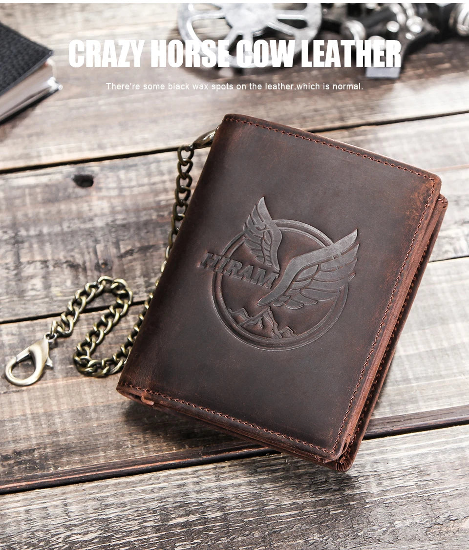 Herren Echtleder Geldbörse Trifold Metallkette RFID Kartenhalter Geldclip