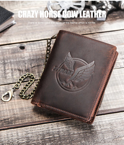 Herren Echtleder Geldbörse Trifold Metallkette RFID Kartenhalter Geldclip