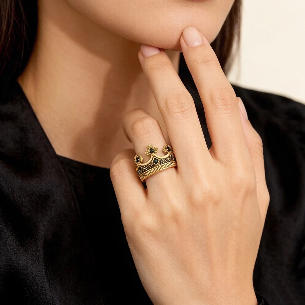 Damen-Ring königliche Krone golden viktorianisch aus Sterlingsilber