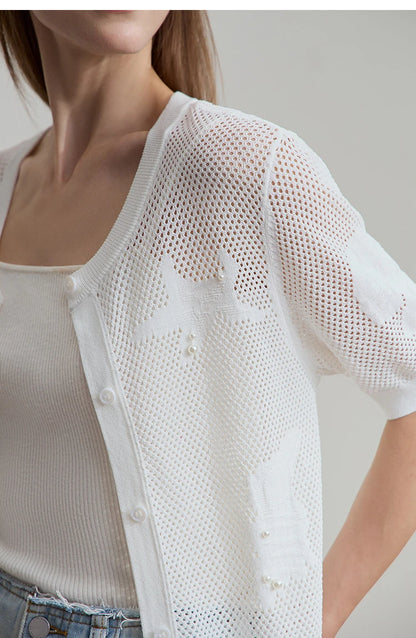 Damen-Rundhalspullover Jacquard Kurzarm locker Büro Sommer