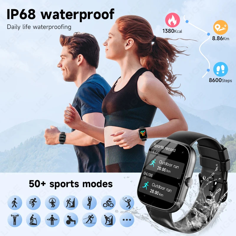 LIGE AI Sprachassistent Smart Watch für Männer Frauen 1,96" HD Touchscreen Fitness Tracker Drahtloser Anruf IP68 Wasserdichte Smartwatch