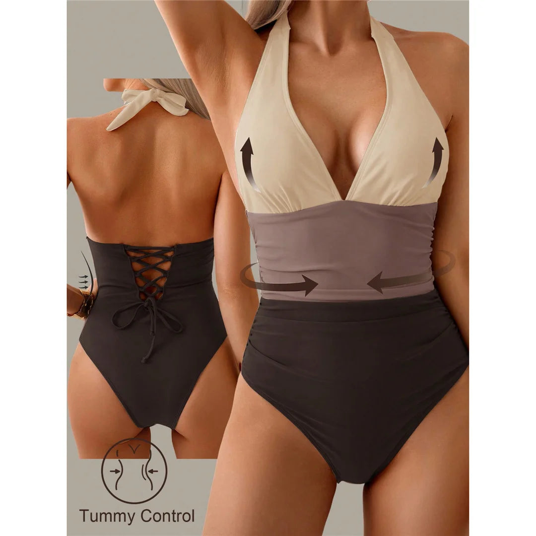Damen Badeanzug Spleiß V-Ausschnitt rückenfrei Neckholder Monokini gepolstert