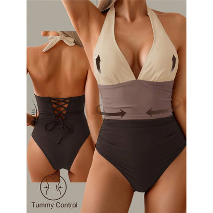 Damen Badeanzug Spleiß V-Ausschnitt rückenfrei Neckholder Monokini gepolstert