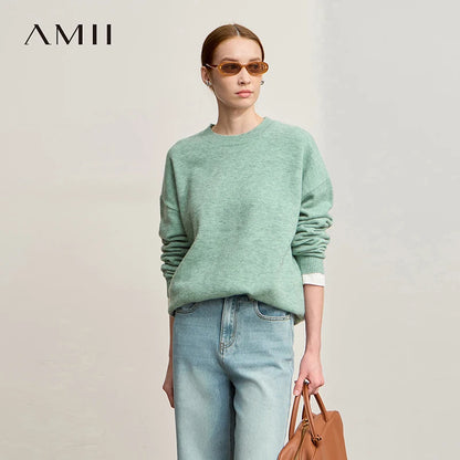 AMII minimalistischer Strickpullover für Damen, mintgrün, Rundhalsausschnitt, locker