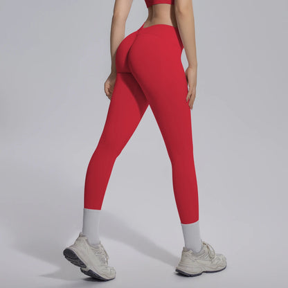 Nahtlose Yoga-Hose für Damen, rot, Rückansicht, 7/8-Länge mit weißem Abschluss