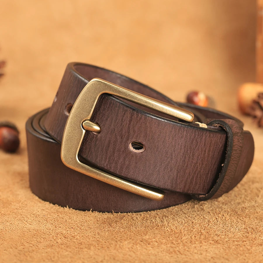 Herren Echtleder-Gürtel Vintage Kupferschnalle Handgemacht Rindsleder Jeans 3,8 cm
