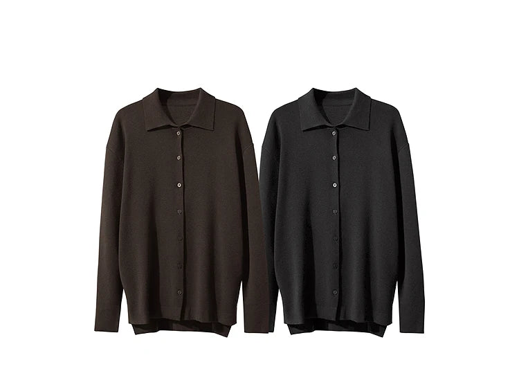 Damen-Strickjacke lang Seide-Wolle Umlegekragen locker Herbst