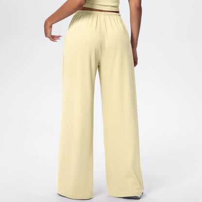 Yoga-Hose Damen, lange weite Hose mit Gummibund, gelblich-cremefarben