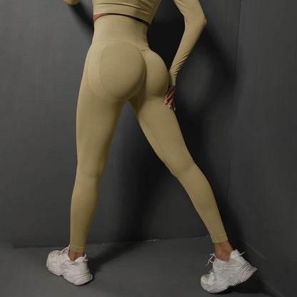 Nahtlose Hochbund-Leggings, beige Rückansicht, körpernah, langes Bein