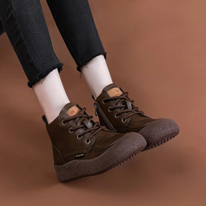 AIYUQI Damen-Stiefeletten, braun, Schnürung, flache Profilsohle, rundes Vorderteil