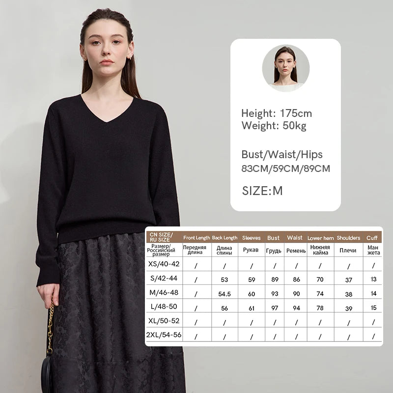 Wollpullover für Damen in Schwarz, V-Ausschnitt, lange Ärmel