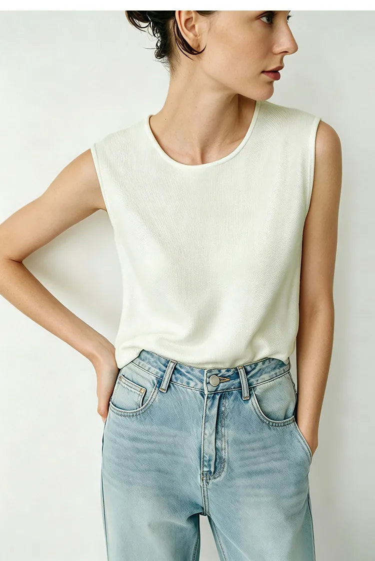 Damen-Rundhalspullover ärmellos Drapierung Cut-Out Lyocell Sommer