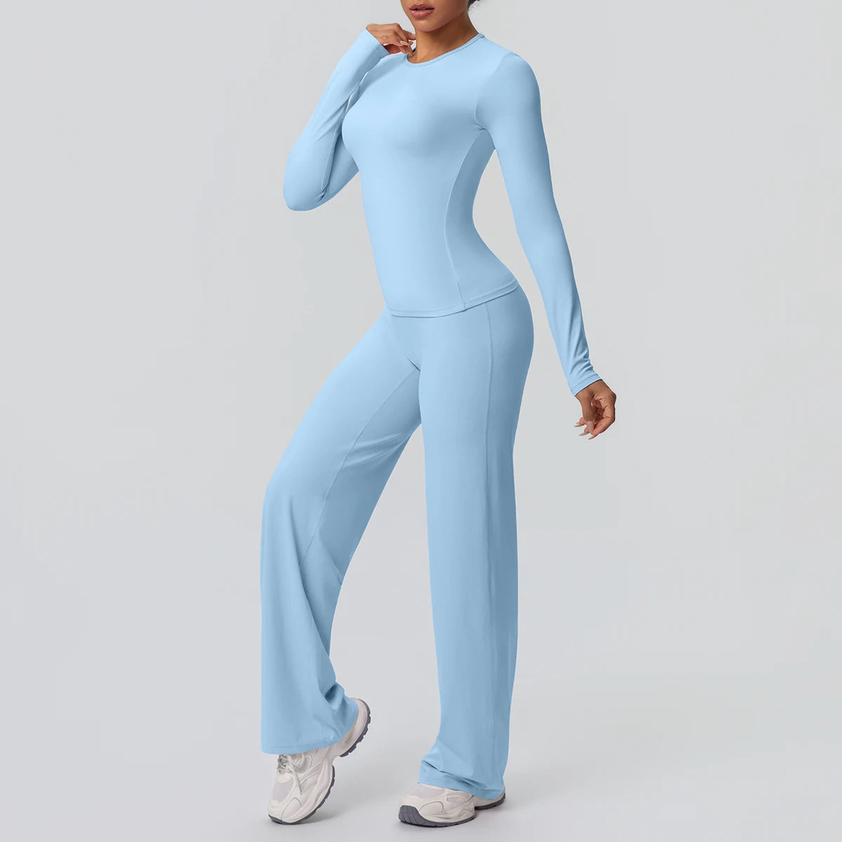 Damen-Yoga-Set mit Langarm-Top und weiten Leggings, hellblau