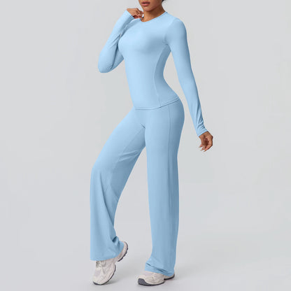 Damen-Yoga-Set mit Langarm-Top und weiten Leggings, hellblau