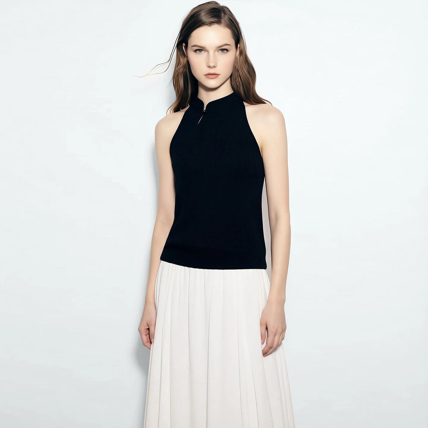 Amii Damen-Stricktop, ärmellos, Stehkragen, schwarz, hoher Halsabschluss